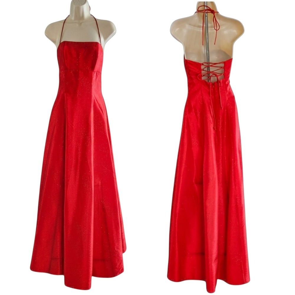 Zum Zum Niki Livas Y2K Red Shimmer Halter Gown XS/S Corset Lace Up‎ Back Dress